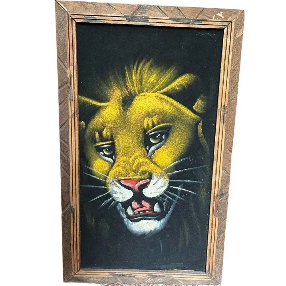 Vintage handmade velvet lion painting Midcentury Mexico.